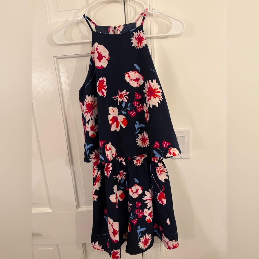 Mud Pie Navy Floral Romper with Pink & Red Blooms